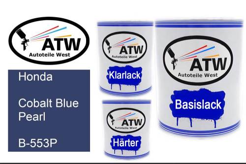 Honda, Cobalt Blue Pearl, B-553P: 1L Lackdose + 1L Klarlack + 500ml Härter - Set, von ATW Autoteile West.